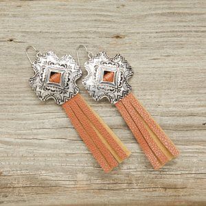 Cross with Faux Brown Leather Fringe Earrings